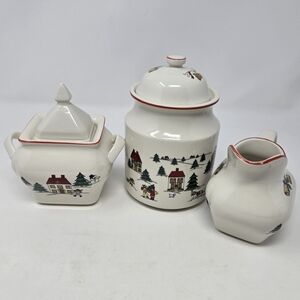 JAMESTOWN CHINA THE JOY OF CHRISTMAS 3 PIECE SET CREAM SUGAR CANISTER HOLIDAY